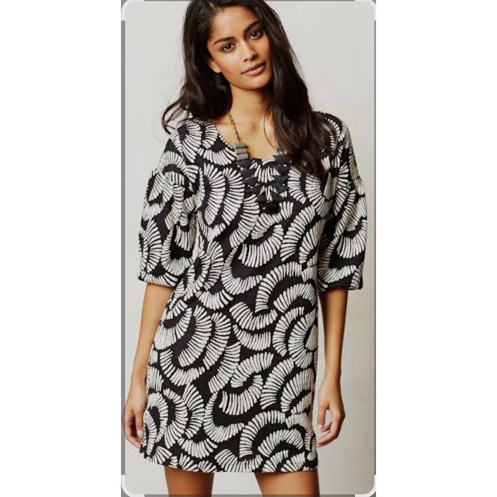 Maeve Anthropologie Windfall Shift Dress Black White Leaf Print Lg. No Size Tag